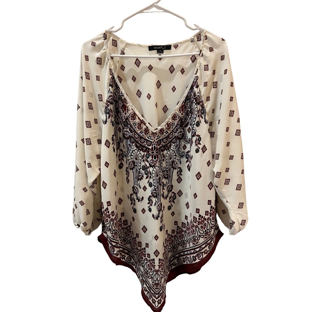 HeartSoul Womens Plus 3X Ivory Burgundy Paisley V-Neck Handkerchief Blouse